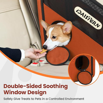 Collapsible Dog Crate for Travel, Portable Pet Crate for Small & Large Dogs, Soft-Sided Car Kennel with Heavy-Duty Metal Frame, Mesh Windows, Feeding/Comfort Access for Backseat Trunk Brown