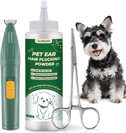 Dog Ear Hair Removal Tool – 30g Ear Powder, 5.5" Hemostat & Electric Dog Ear Trimmer – Helps Reduce Wax & Odor – Grooming Kit for Schnauzers, Poodles & Breeds with Ear Hair