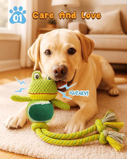 Swooflia Durable Squeaky Dog Toy - Interactive Plush Cute Frog with Rope Legs, Teeth Cleaning Tug Toy for Small Medium and Large Dogs, Puppy Chew Toy for Training and Play