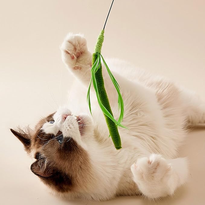 Interactive Cat Teaser Toy Wand with Furry Faux Grass for Indoor Play Grass Teaser Cat Toy Wand Stick