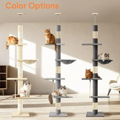 Cat Tree 5-Tier Floor to Ceiling Cat Tower with Cozy Hammock, 89-109 Inch Adjustable Height Sisal Scratching Post, Provides Vertical Enrichment for Jumping & Climbing, Darkgrey