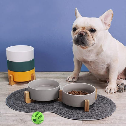 Petygooing Ceramic Dog Bowl Set with Wood Stand, Grey, 13.5OZ/5.1 in, Suitable for Cats & Small Dogs