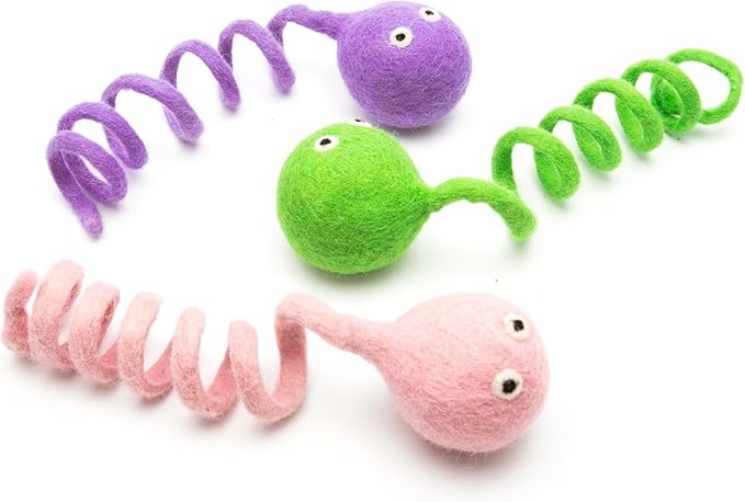 Glaciart One Felt Spring Cat Toy – 3 Pcs Soft Fuzzy Enrichment 100% Natural Wool - Interactive Stretchable Play Set - Safe for Pets, Non-AZO Colored Dyes - 4” Long