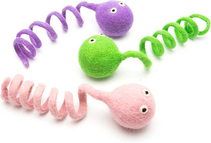Glaciart One Felt Spring Cat Toy – 3 Pcs Soft Fuzzy Enrichment 100% Natural Wool - Interactive Stretchable Play Set - Safe for Pets, Non-AZO Colored Dyes - 4” Long