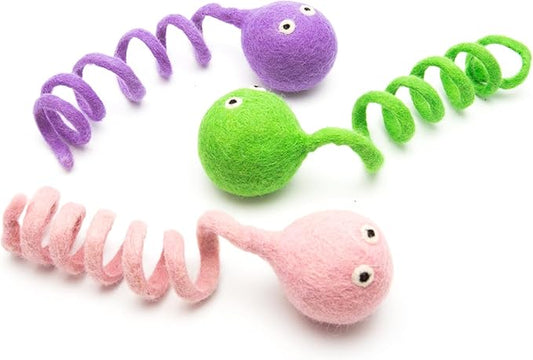 Glaciart One Felt Spring Cat Toy – 3 Pcs Soft Fuzzy Enrichment 100% Natural Wool - Interactive Stretchable Play Set - Safe for Pets, Non-AZO Colored Dyes - 4” Long