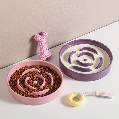 8.66 in Pink Ceramic Slow Feeder Dog Bowl for Medium and Large Breed,Pet Feeding Dog Food Water Dish Heavy Weighted,Puppy Bowl for Fast Eaters,Puzzle Slow Eating Dish Modern Cute
