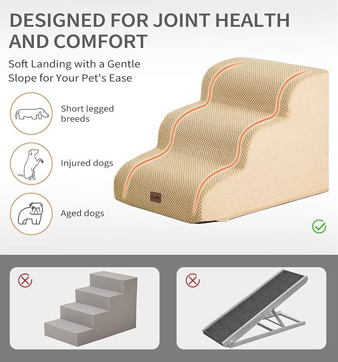 Made4Pets Dog Stairs Ramp for Small Dogs 15.7" H, 3-Step Dog Steps for Bed Couch Sofa and Chair, 35D Foam Pet Steps for Small Dogs and Cats, Non-Slip Bottom Pet Stairs, Tan