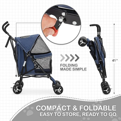 Dog Stroller, 4 Wheels Pet Stroller for Cats and Dogs with Storage Bag & Visible Mesh, Easy-Fold Umbrella Shaped Cat Stroller and Pet Stroller for Medium Dogs & Small Dogs, Navy Blue