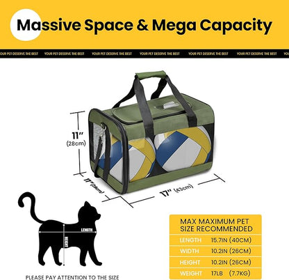 Cat Carrier Airline Approved, Soft-Sided Dog Carrier with Inner Safety Leash, Pet Transport Carrier for Small-Medium Cats Puppies up to 15 Lbs, Collapsible Travel Kitten Carrier Bag -Green M