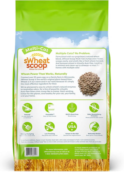 sWheat Scoop Natural Wheat Multi-Cat Litter, Superior Clumping with Odor Neutralizing Enzymes, 14 Pound Bag