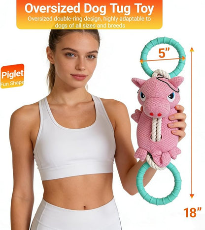 Tug of War Dog Toy - Rubber & Cotton Rope Toys for Dogs, Large Double Ring Dog Tug Toy, Interactive Dog Toys for Small Medium Large Dogs(Piglet)