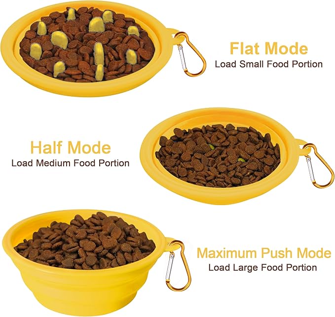 Small Collapsible Dog Bowls (12oz), 1 Pack Pet Travel Foldable Bowl and Slow Feeding Frisbee with Carabiners, Healthy, Soft Silicone, Portable Essential Set for Walking, Travel, and Hiking (Yellow)