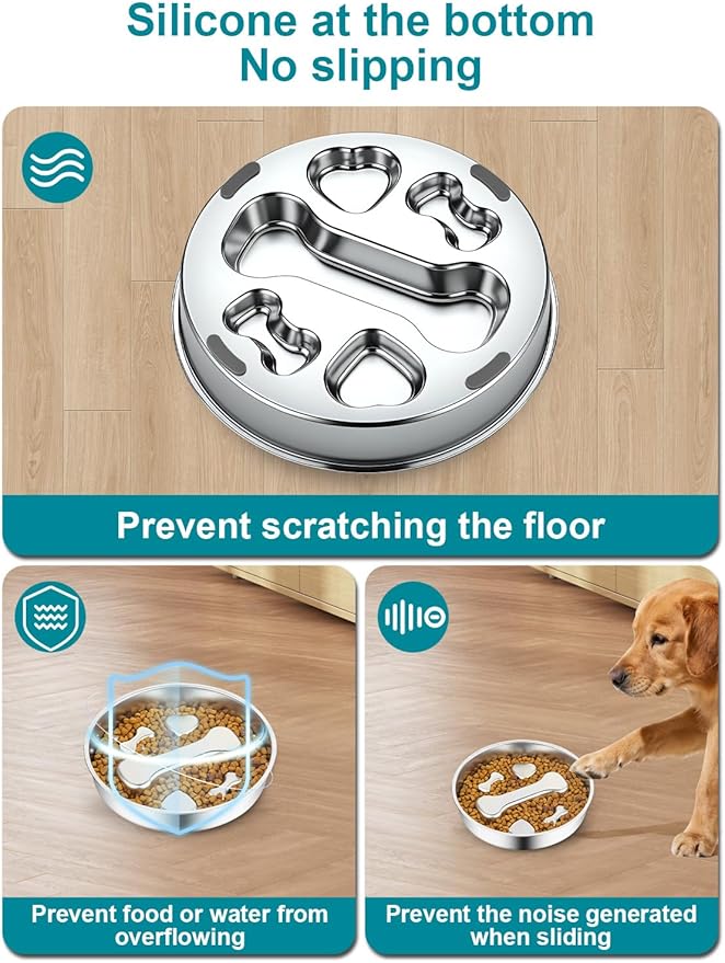 Slow Feeder Dog Bowls，8.2-inch Diameter Dog Slow Feeder Bowl，304 Stainless Steel Heavy Duty with Non-Slip Rubber Base，2Cups Capacity for Medium & Large Dogs to Slow Down Eating