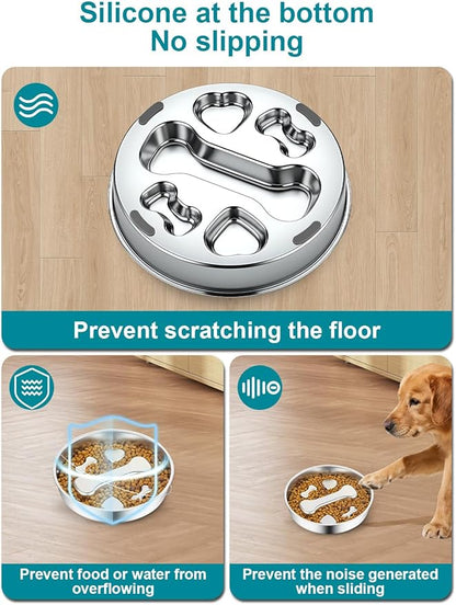 Slow Feeder Dog Bowls，8.2-inch Diameter Dog Slow Feeder Bowl，304 Stainless Steel Heavy Duty with Non-Slip Rubber Base，2Cups Capacity for Medium & Large Dogs to Slow Down Eating