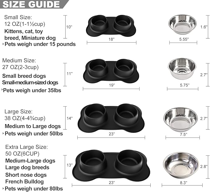 Pet Deluxe Dog Bowls Stainless Steel Dog Bowl with No Spill No Skid Silicone Mat, 24/48 oz Dog Food and Water Bowl Set Double Dog Feeder Bowl Dog Dish for Small Medium Large Sized Dogs Cats Puppy