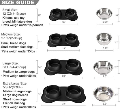 Pet Deluxe Dog Bowls Stainless Steel Dog Bowl with No Spill No Skid Silicone Mat, 24/48 oz Dog Food and Water Bowl Set Double Dog Feeder Bowl Dog Dish for Small Medium Large Sized Dogs Cats Puppy