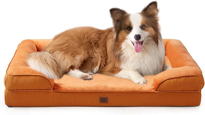 EHEYCIGA Orthopedic Dog Beds for Large Dogs, Waterproof Memory Foam Large Dog Bed with Sides, Non-Slip Bottom and Egg-Crate Foam Pet Couch Bed with Washable Removable Cover,Pumpkin Orange