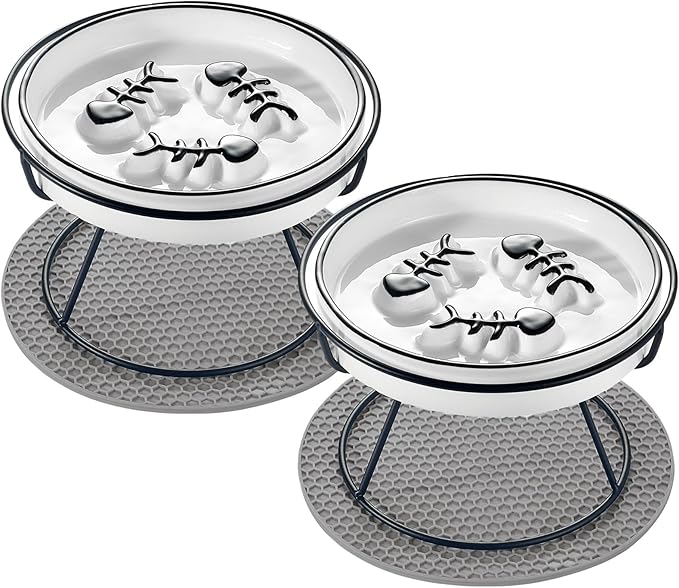 2PCS Raised Cat Bowl - Improved Design, Elevated Puzzle Feeder, Anti Vomit & Obesity Prevention, Slow Down Eating Speed