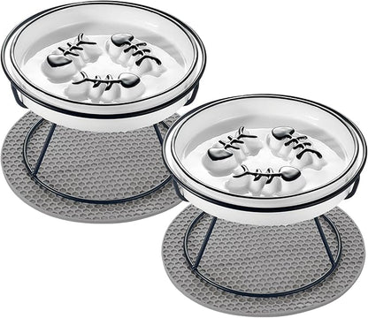 2PCS Raised Cat Bowl - Improved Design, Elevated Puzzle Feeder, Anti Vomit & Obesity Prevention, Slow Down Eating Speed