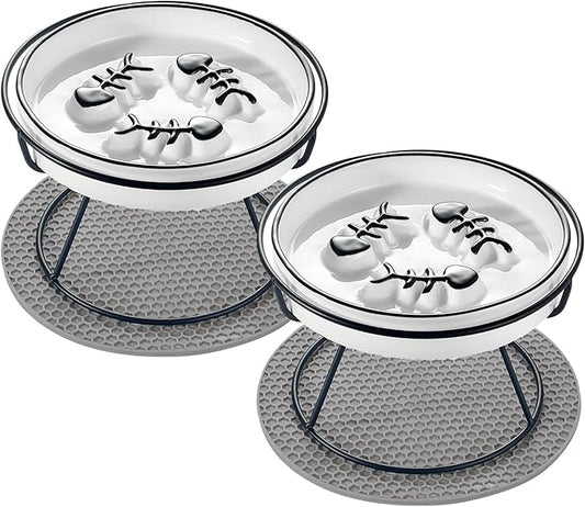 2PCS Raised Cat Bowl - Improved Design, Elevated Puzzle Feeder, Anti Vomit & Obesity Prevention, Slow Down Eating Speed
