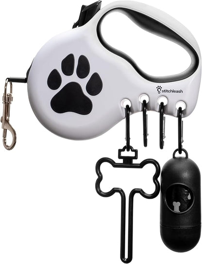 Award-Winning Retractable Dog Leash for Small and Medium Dogs (Max 55 lbs), Clip & Go System with Reflective Tape and Ergonomic Handle, Includes Clips, Poop Bag Holder and Dispenser, White