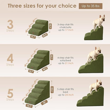 EHEYCIGA Curved Dog Stairs Ramp for Small Dogs 15.7" H, 3-Step Dog Steps for Couch Sofa and Chair, Pet Stairs for Cats, Non-Slip Balanced Pet Steps Indoor, Olive Green