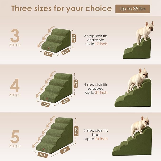 EHEYCIGA Curved Dog Stairs Ramp for High Beds 19.7" H, 4-Step Dog Steps for Small Dogs and Cats, Pet Stairs for High Bed Climbing, Non-Slip Balanced Pet Step Indoor, Olive Green