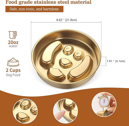Golden Stainless Steel Slow Feeder Dog Bowls – Non-Slip Metal Dog Bowl for Large & Medium Breeds, Puppy Puzzle Feeder – 2 Cup Capacity for Small to Big Pets – Durable Slow Feed Dog & Cat Food Dish