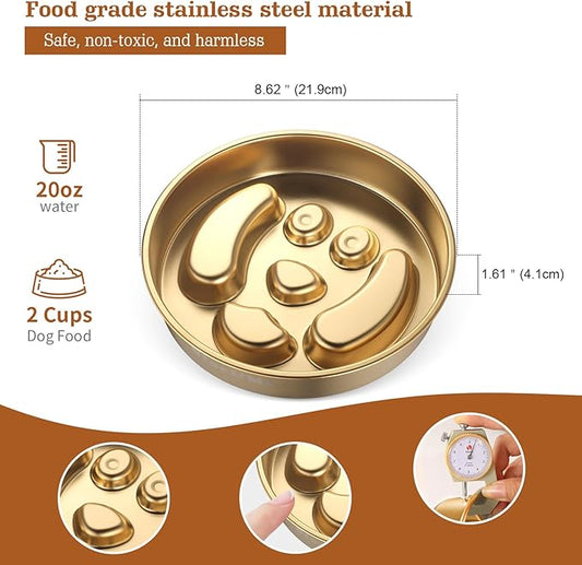 Golden Stainless Steel Slow Feeder Dog Bowls – Non-Slip Metal Dog Bowl for Large & Medium Breeds, Puppy Puzzle Feeder – 2 Cup Capacity for Small to Big Pets – Durable Slow Feed Dog & Cat Food Dish