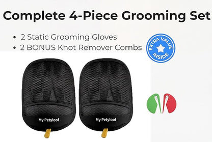 Pet Grooming Gloves with 2 Knot Remover Combs – Static Hair Removal, Deshedding & Cleaning Gloves for Dogs & Cats – Reusable, Eco-Friendly, 5-Finger Design