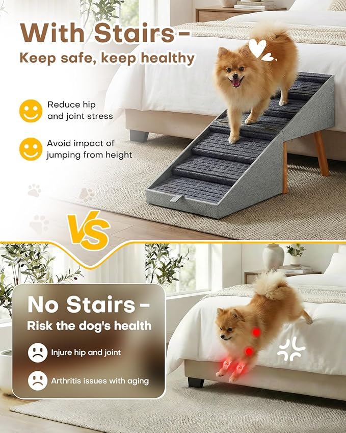 Dog Ramp for Bed & Couch, Dog Stairs 21.06 inches High for Large/Medium/Small Doggie, Foldable 2 in 1 Wooden Pet Steps for Puppy Older and Injured Dogs, Split Ottoman Design, No-Slip Surface