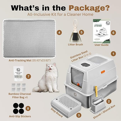 Fully Enclosed XXL Stainlessss Steel Litter Box with Lid, 8" Deep Pan, Large Stainless Steel Cat Litter Box for Big Cat with Scoop, Step Board, Mat, Brush, Odor-Free, Anti-Leak, Non-Stick (Light Gray)