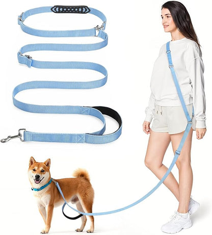 Hands Free Dog Leash, 8.5ft Adjustable Hands Free Leash for Medium Dogs, Versatile Handheld Crossbody Waist Lead with 3 Rings, Easy Adjust for Running Jogging Walking, Sponge Handle, Blue