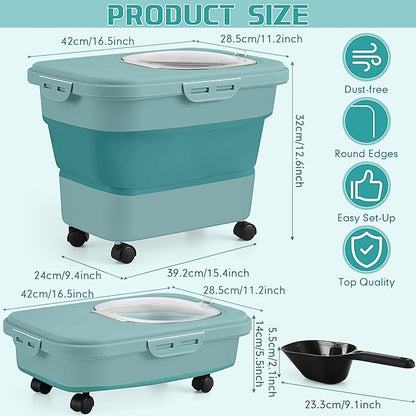 Juexica Collapsible Cat Litter Storage Bin Container with Rolling Casters, 20 Lbs Portable Cat Litter Storage Container with Airtight Lids, Shovel, Kitchen Cereal Rice Leakproof Sealable(Green)