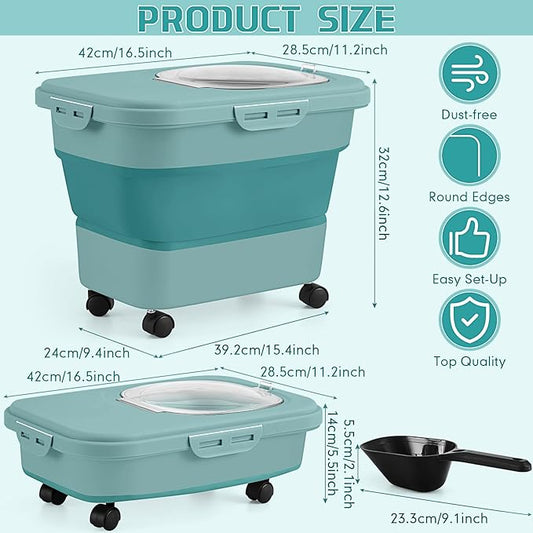 Juexica Collapsible Cat Litter Storage Bin Container with Rolling Casters, 20 Lbs Portable Cat Litter Storage Container with Airtight Lids, Shovel, Kitchen Cereal Rice Leakproof Sealable(Green)