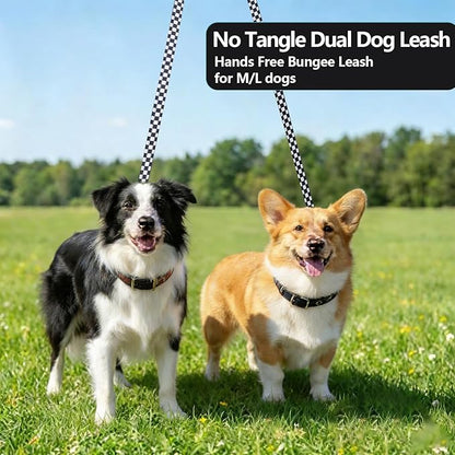 Roses&Poetry Hands Free Double Dog Leash for Two Dogs, 9-11ft Adjustable Bungee Walking Waist Lead, Dual Dog Leash with Tangle-Free Swivel for Medium Large Dogs Heavy Duty Running(Blackwhite)