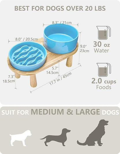 Ceramic Slow Feeder and Water Bowl Set for Medium and Large Dogs, 2.0 Cups Dog Slow Feeder(30oz) and 70oz Water Bowl Set, 8in, Baby Blue
