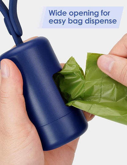 Gobeigo Dog Poop Bag Holder【Convenient Hook for Used Bags】【Silicone Strap Fits Any Leash】【Large Opening for Easy Dispensing】with 1 Roll Waste Bags (Blue)