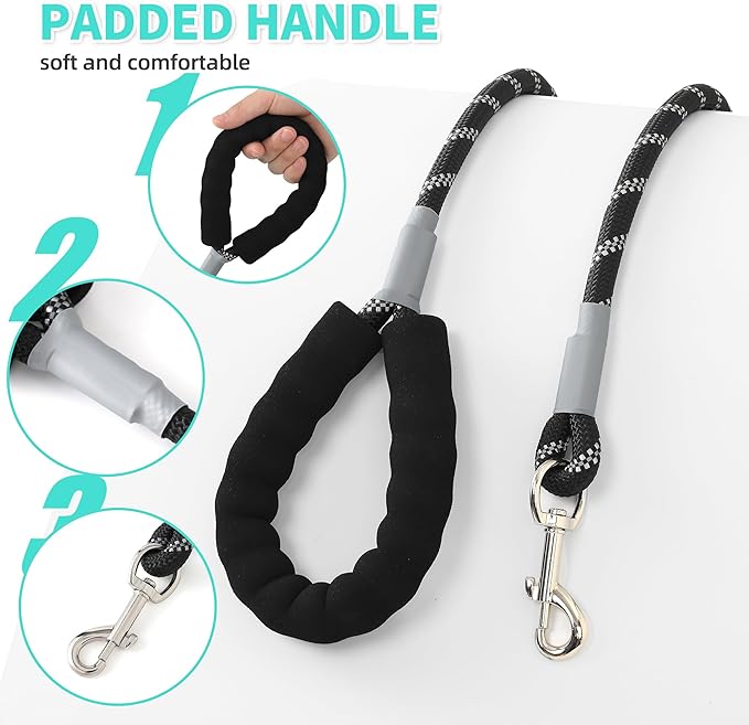 Mile High Life Reflective Dog Leash, with Comfortable Padded Handle, Black Nylon Rope Leash with Steel Tips, Heavy Duty 4 Feet Pet Leashes (Black,48 Inches)