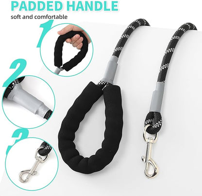 Mile High Life Reflective Dog Leash, with Comfortable Padded Handle, Black Nylon Rope Leash with Steel Tips, Heavy Duty 4 Feet Pet Leashes (Black,48 Inches)