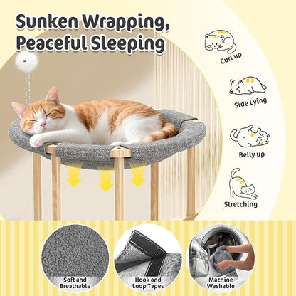 Pawaboo Elevated Cat Hammock Bed, 2-Tier Cats Bed with 2 Teasers, Wooden Cats Furniture with Kitten Scratching Mat,Double Cat Beds Interactive Stair Shaped Pet Hammock for Indoor Kitties Climbing