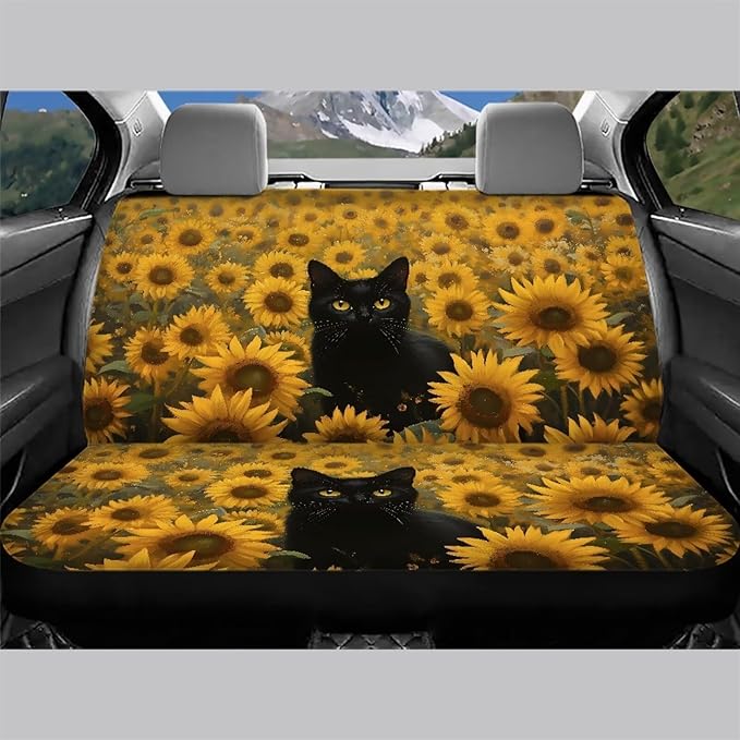 AFPANQZ Black Cat Sunflower Car Rear Seat Covers Set Universal Fabric Cloth Car Seat Cover Automatic Backseat Protector Fit SUV Truck Van Dog Back Seats Protection Dust-Proof Washable