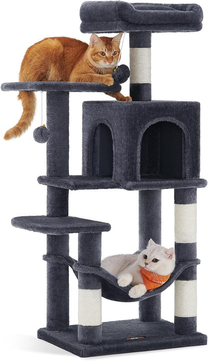 Feandrea Cat Tree, 44.1-Inch Cat Tower, Plush Multi-Level Condo with 4 Scratching Posts, 2 Perches, Hammock, Cave, Smoky Gray UPCT261G01