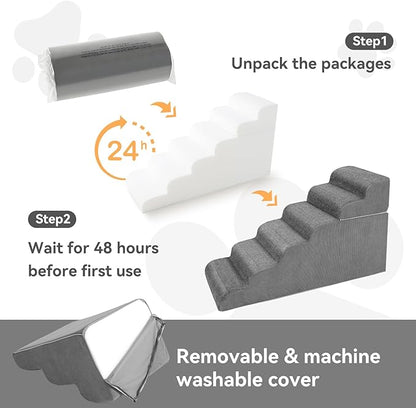 ABORON 6 Steps Dog Steps for High Bed, 25.5 Inch High Dog Stairs for Small Dogs, Waterproof Pet Stairs for Small Old Large Dogs and Cats with Removable Cover & PE Support Board for Bed/Car/Couch
