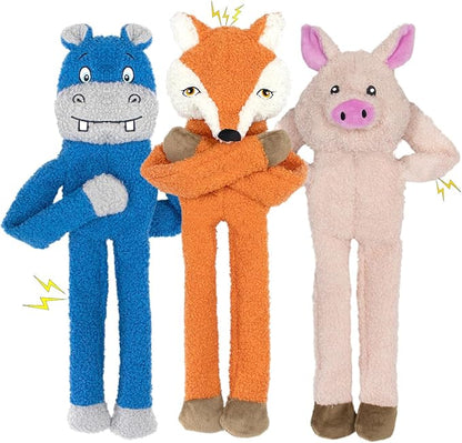 3 Pack No Stuffing Dog Toys Crinkle Squeaky Interactive Plush Dog Toy, not for Aggressive Chewers, to Keep Them Busy,Shape Orange Fox Pink Pig Blue Hippo