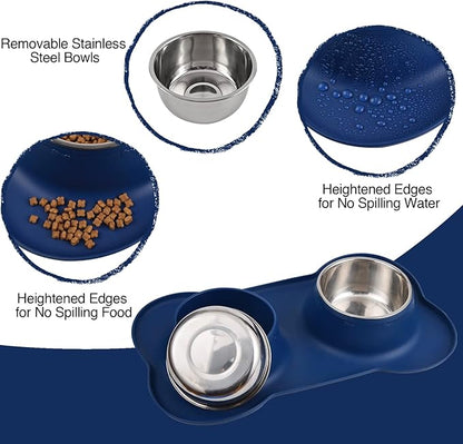Dog Bowls 2 Stainless Steel Bowl for Pet Water and Food Feeder with Non Spill Skid Resistant Silicone Mat for Pets Puppy Small Medium Cats Dogs
