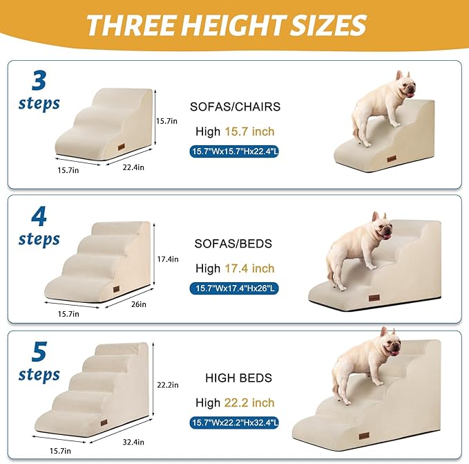 3-Step Dog Ramp and Stairs for Sofa and Chair - Non-Slip Sturdy Pet Steps for Small Dogs and Cats,15.7" H,Beige