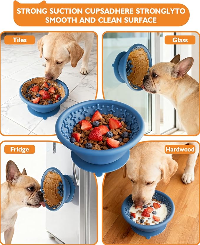 Dog Lick Bowl, Non-Slip Slow Feeder Licking Mat & Treat Dispenser (Wide Bowl Mouth w/Inlaid Stainless Steel Ring) - Interactive Toys, Anxiety Reducer, Freeze Bone for Dogs, BPA Free Silicone(Blue)