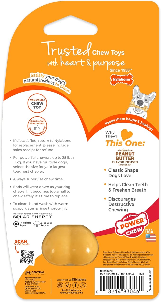 Nylabone Original Bone Power Chew Toy for Dogs, Durable & Tough Dog Toys for Aggressive Chewers, Peanut Butter Flavor, Small - Up to 25 lbs - Up to 25 Ibs, 1 Count