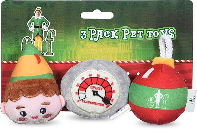 Elf: Holiday Plush Squeaker Buddy The, Clausometer, and Ornament Ball Set - 3pc Toy Set(3”)